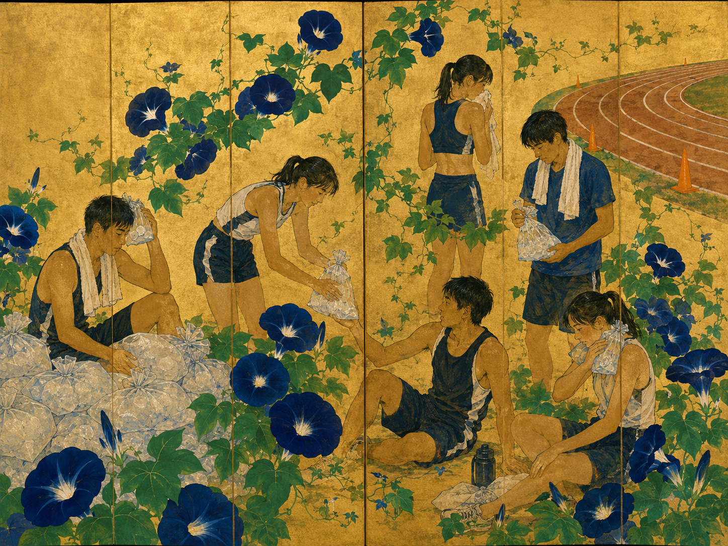 陸上選手が氷で身体を冷却する神戸の競技場の編集画