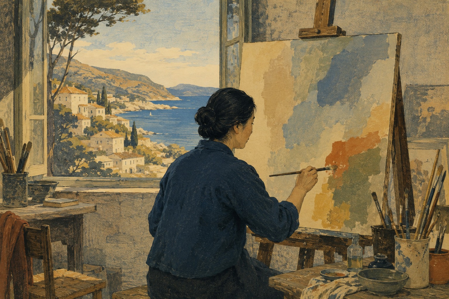 Editorial illustration of a twentieth-century woman painter working on a large canvas in a coastal studio