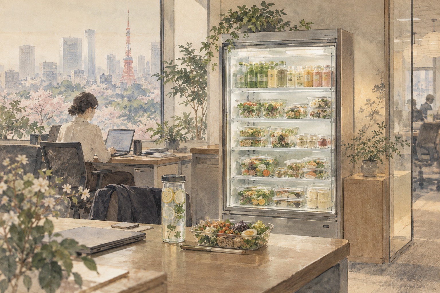 AI editorial illustration inspired by Tani Bunchō, showing workplace food, vegetables and Tokyo.