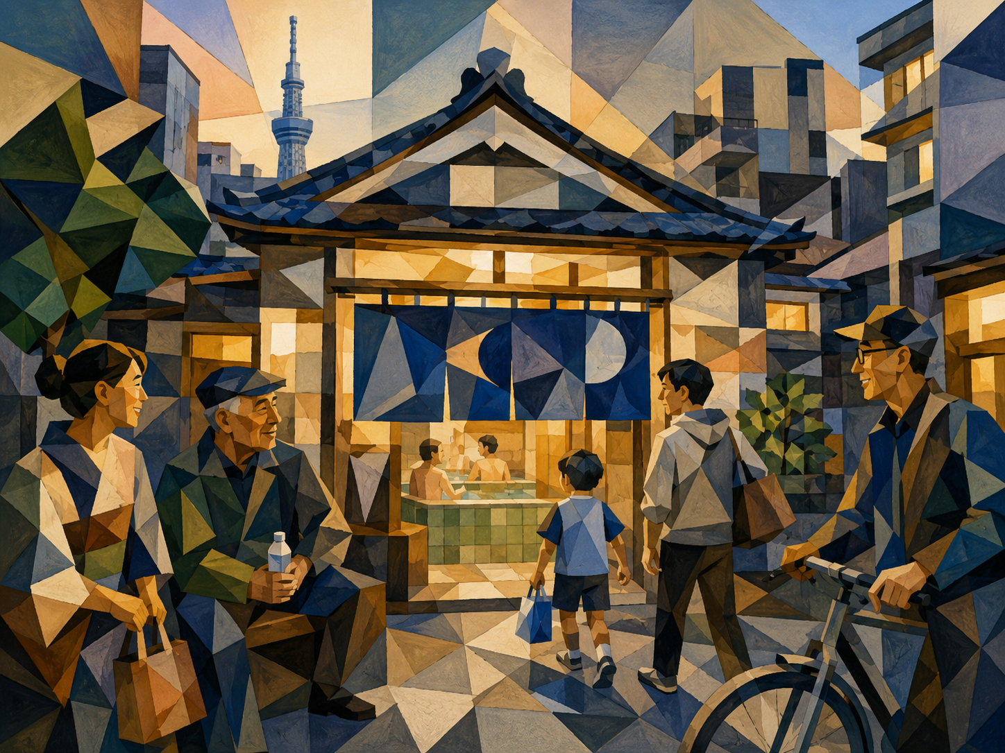 キュビズムで描かれた東京の銭湯と地域の人々。