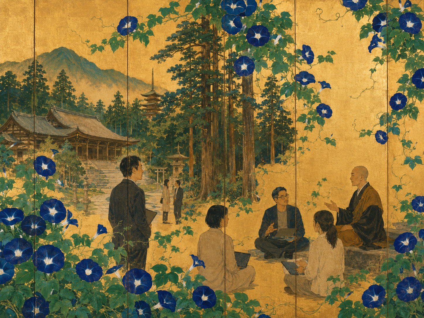 高野山の寺院と森で対話する参加者の編集画