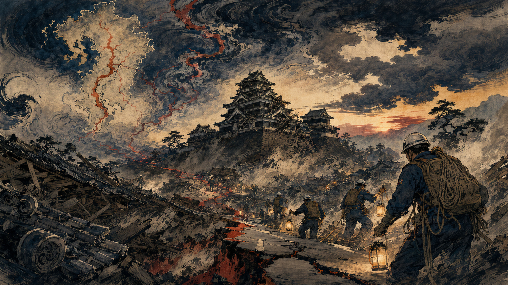 A Kawanabe Kyōsai-inspired editorial scene of rescue teams crossing earthquake-damaged terrain toward Kumamoto Castle, with Kyushu and red fault lines in the turbulent sky