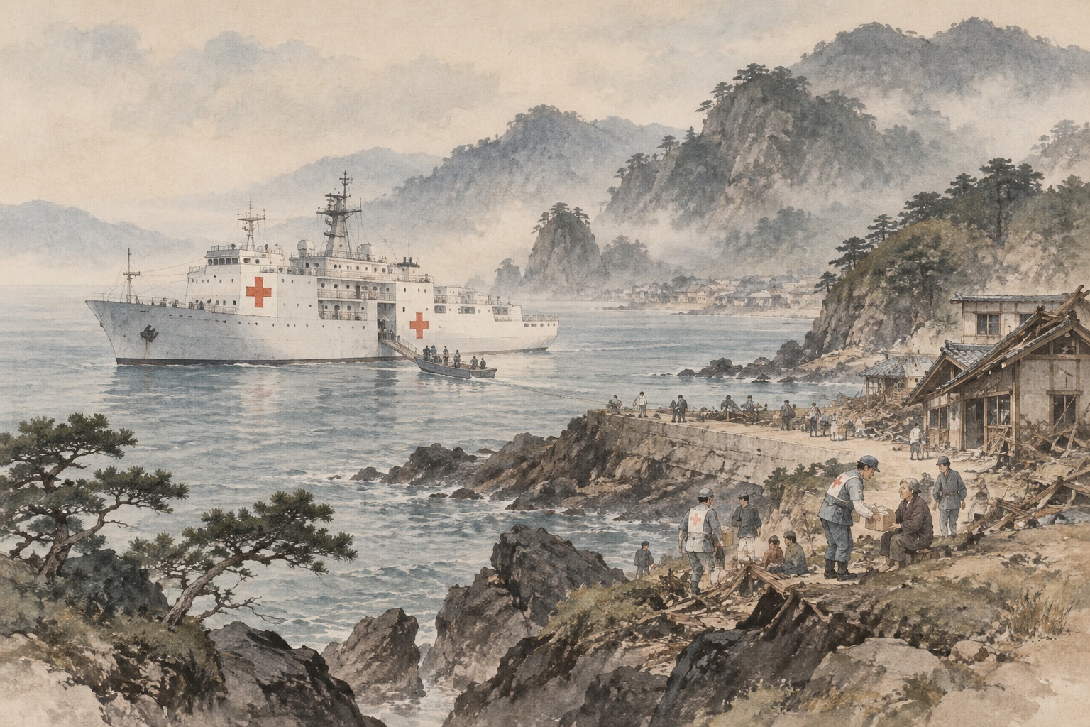 AI editorial illustration inspired by Tani Bunchō, depicting the disaster-support ferry Hakuo II and medical teams.