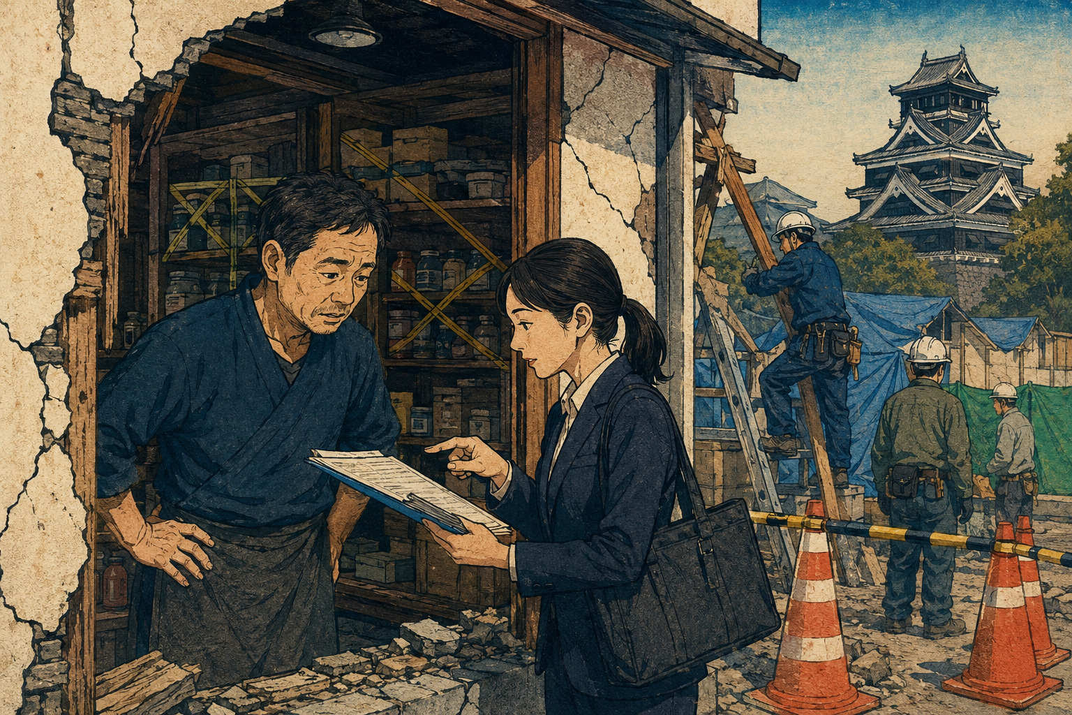 Editorial illustration of a Kumamoto shopkeeper reviewing recovery documents outside a damaged store, inspired by Gosōtei Hirosada