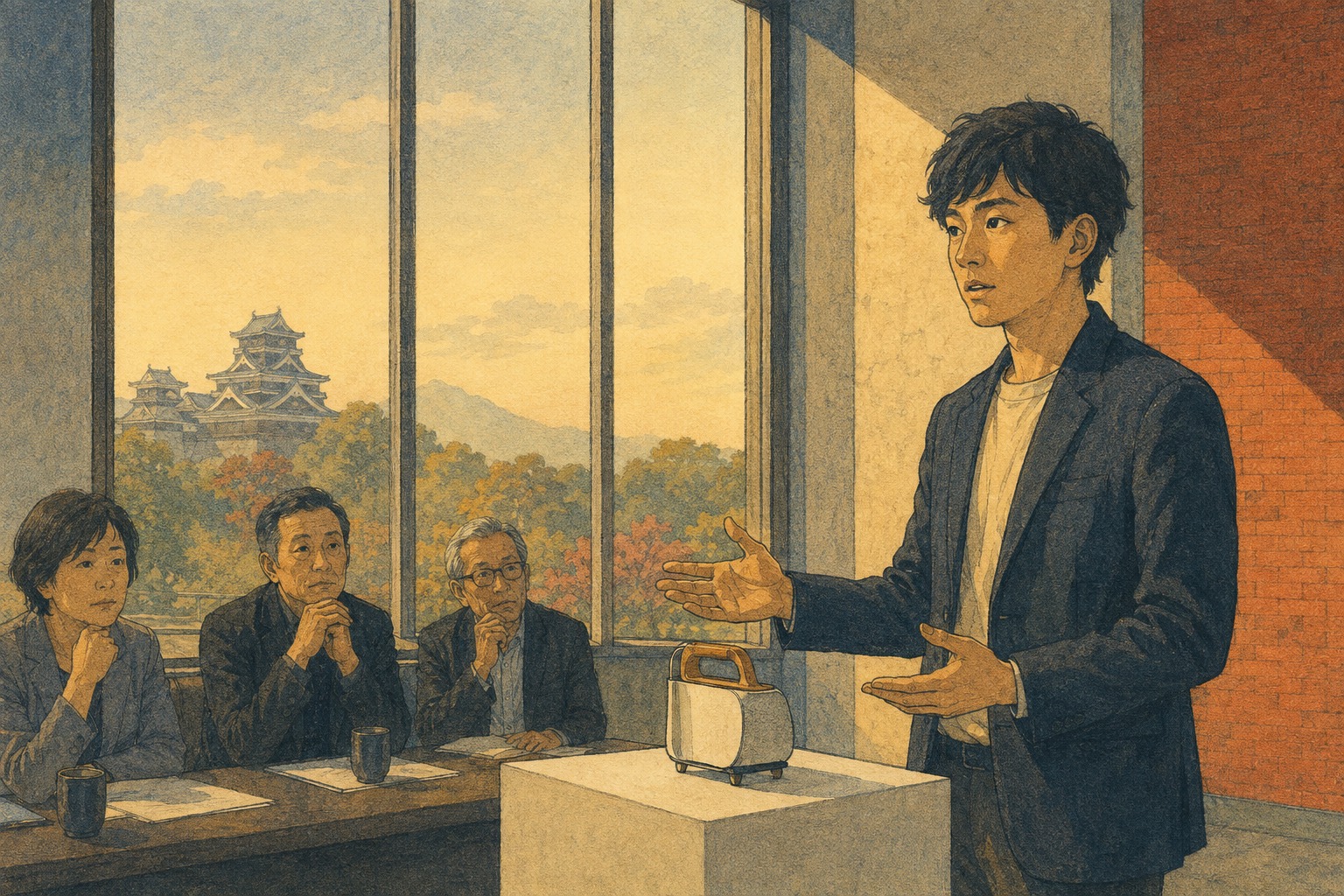Editorial lithograph-style illustration of a young entrepreneur presenting an invention to investors with Kumamoto Castle beyond the windows