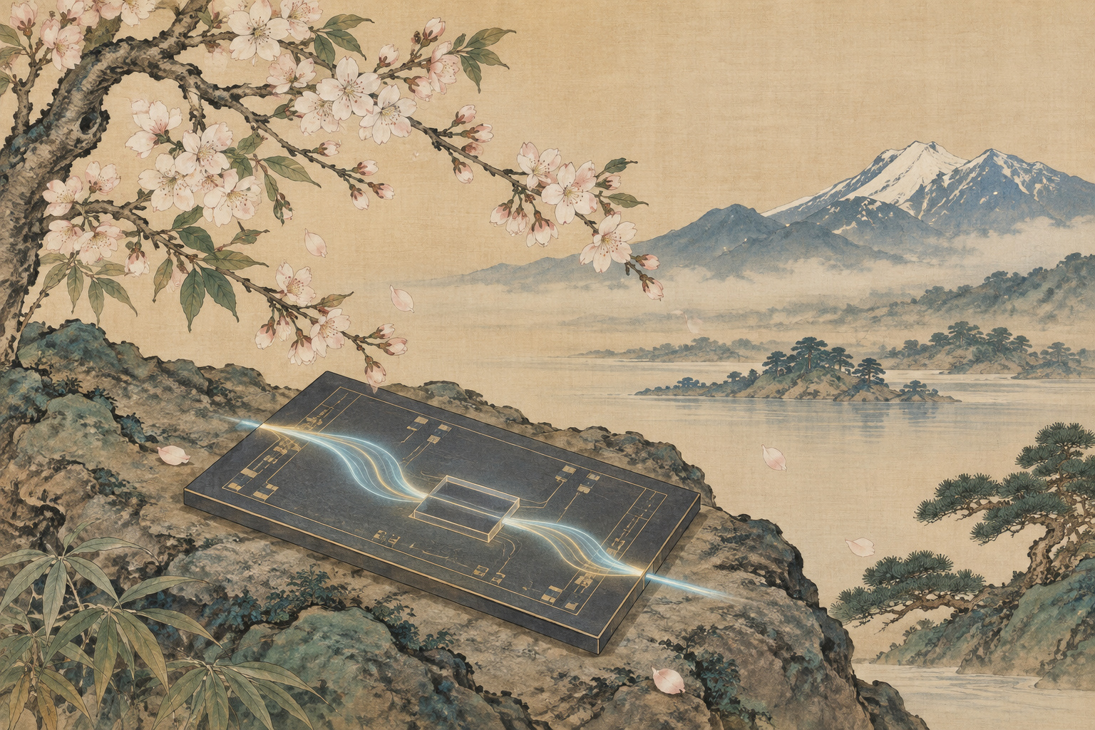 花枝に囲まれたシリコンチップと細い光の道を描いた概念イラスト