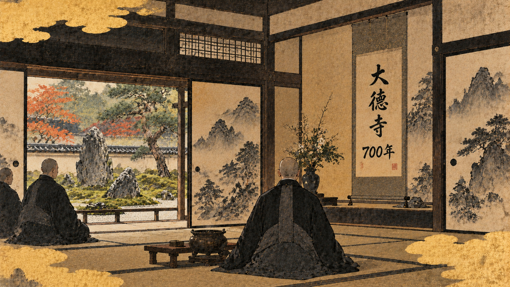 名画、戦国武将、利休の茶――大徳寺700年、禅寺が映す日本美術の国際史 — editorial illustration