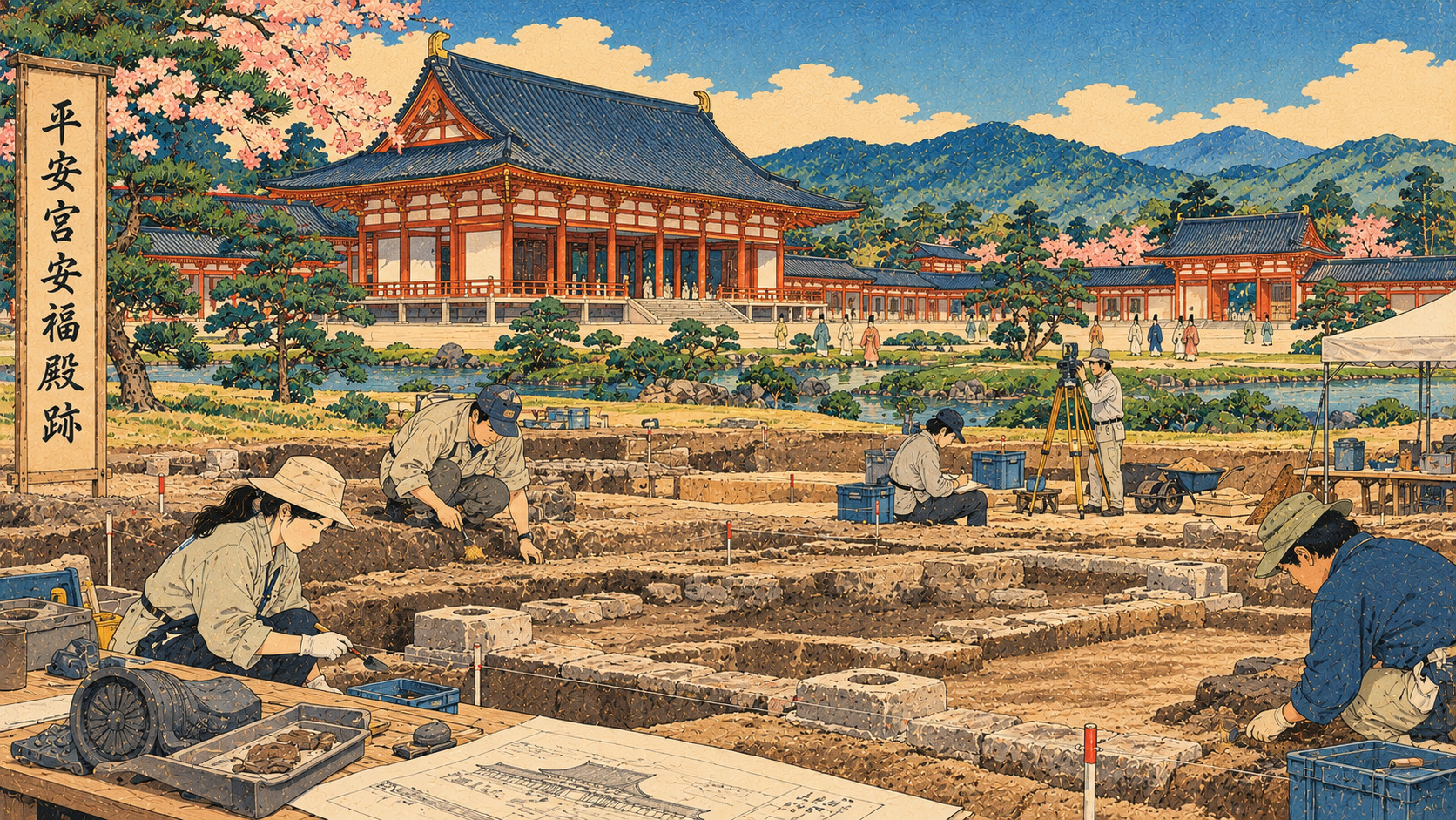京都の地中に平安宮の痕跡――安福殿の雨落溝と内裏の回廊跡 — Toyoharu-inspired editorial illustration; not an archaeological photograph