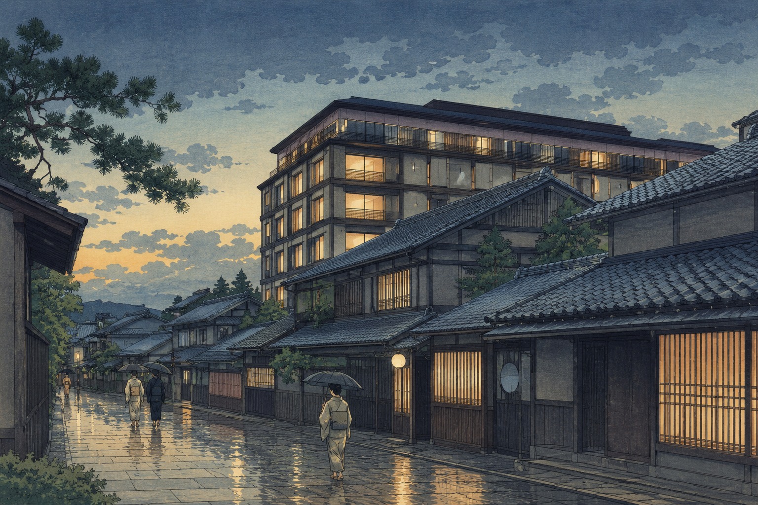 京都の町家屋根と現代ホテルを描いた小原古邨着想の編集用イラスト