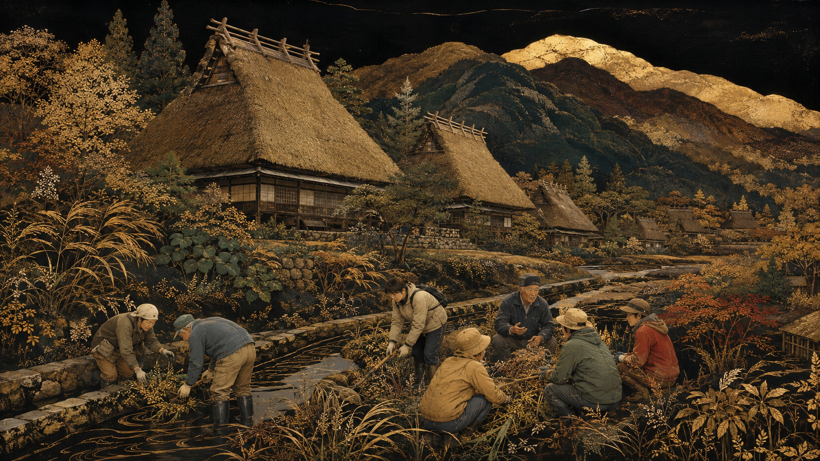 Visitors participating in satoyama conservation beside traditional thatched-roof houses in Miyama.