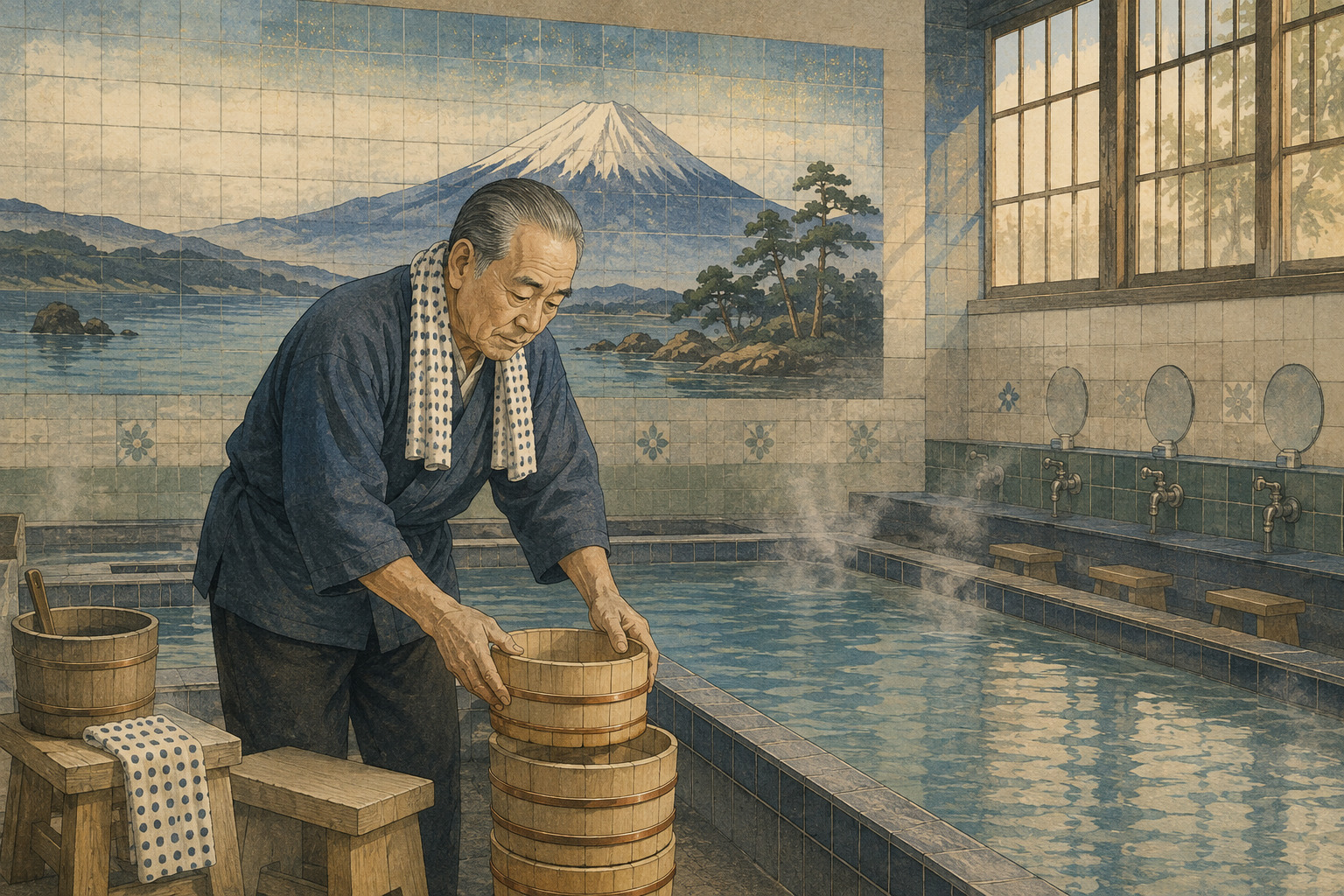 開店前の京都の町銭湯で湯を沸かす仕事を描いた編集イラスト
