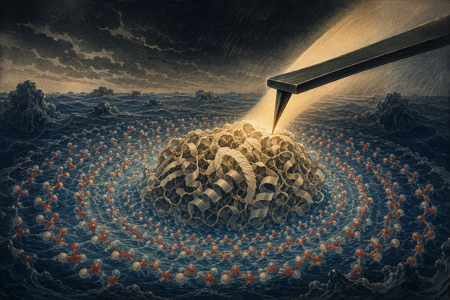 Conceptual illustration of an atomic-force microscope tip above a biomolecule in water