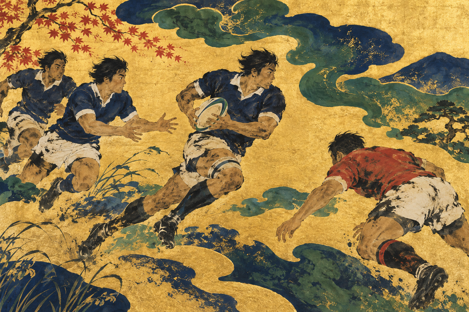 University rugby players run and pass against a gold ground with curling clouds in a conceptual illustration