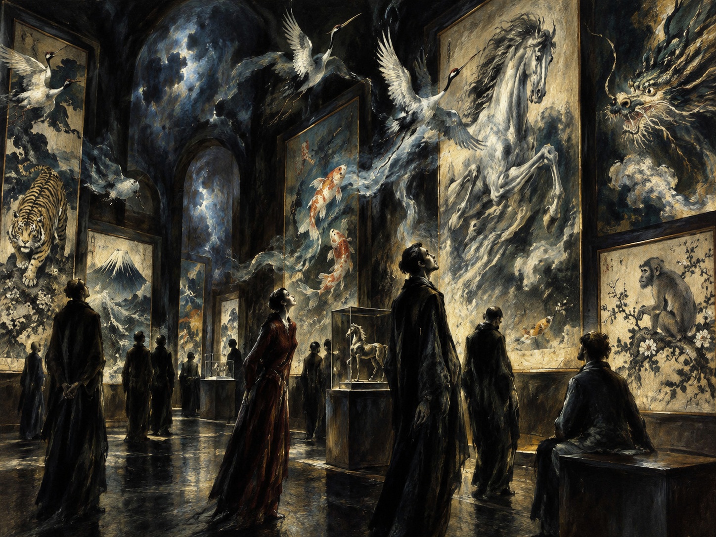 El Greco-inspired editorial illustration of visitors viewing Japanese animal paintings, prints, stencils and craft inside a Kyoto university gallery