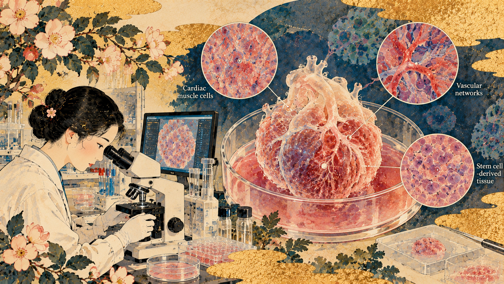 A Heart Model Reveals Progeria’s Damage After 60 Days — AI-generated editorial illustration inspired by Kawanabe Kyōsui