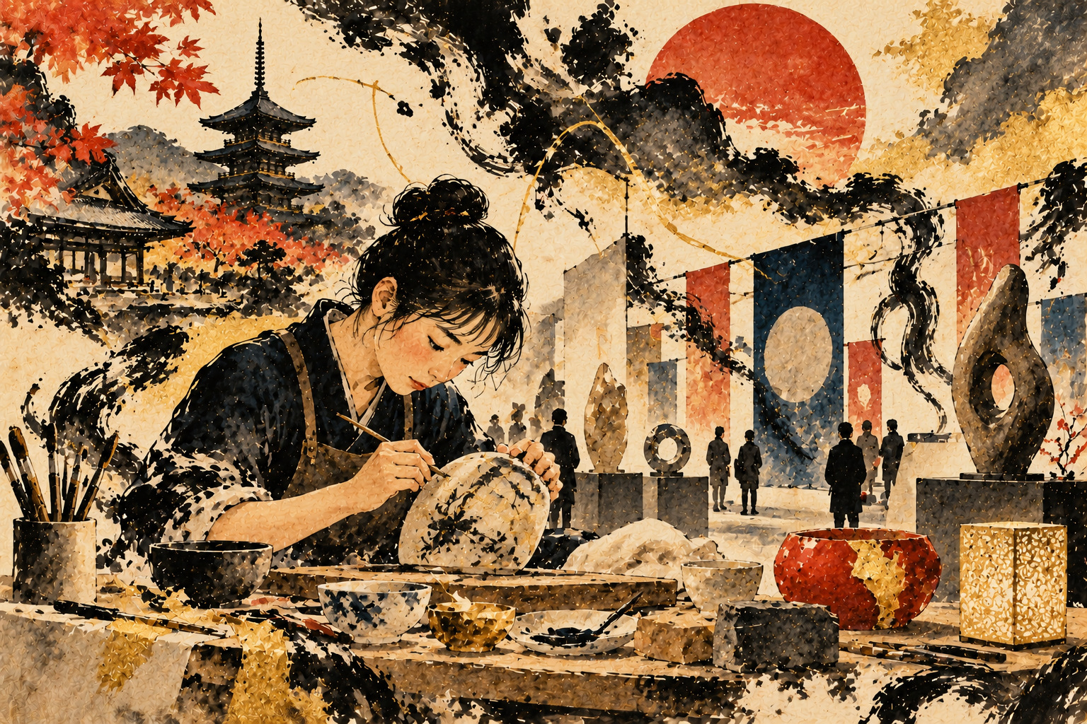 AI時代に「つくる」とは何か――京都YouMe — AI-generated editorial illustration inspired by Kishi Ganku