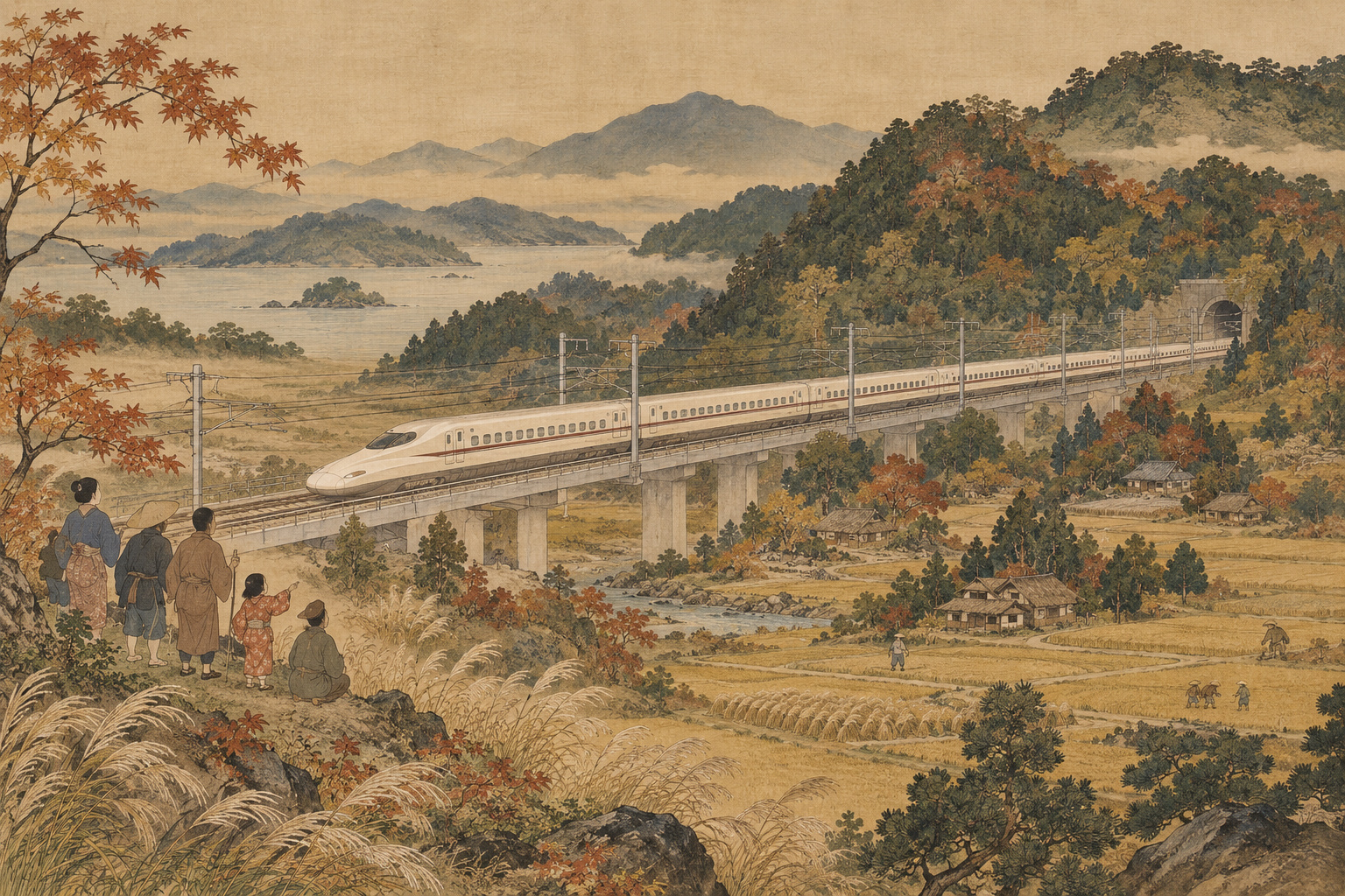 田園と山並みの間を走る九州新幹線を描いた概念イラスト