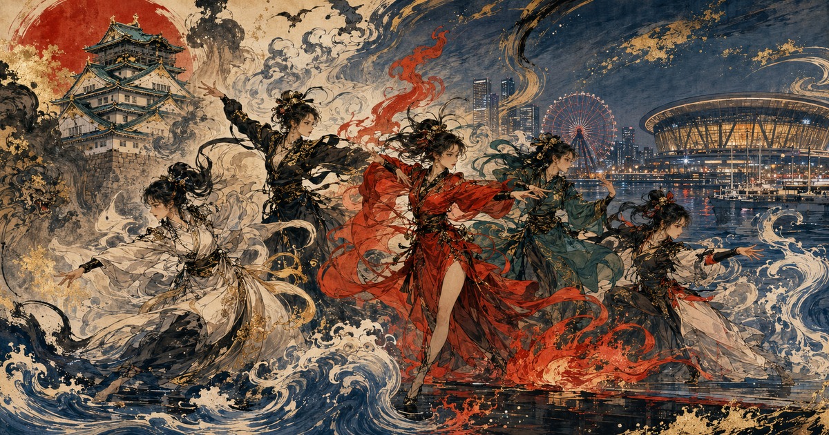 A Kawanabe Kyōsai-inspired theater procession carrying LE SSERAFIM’s tour from Osaka toward a blazing Yokohama stage