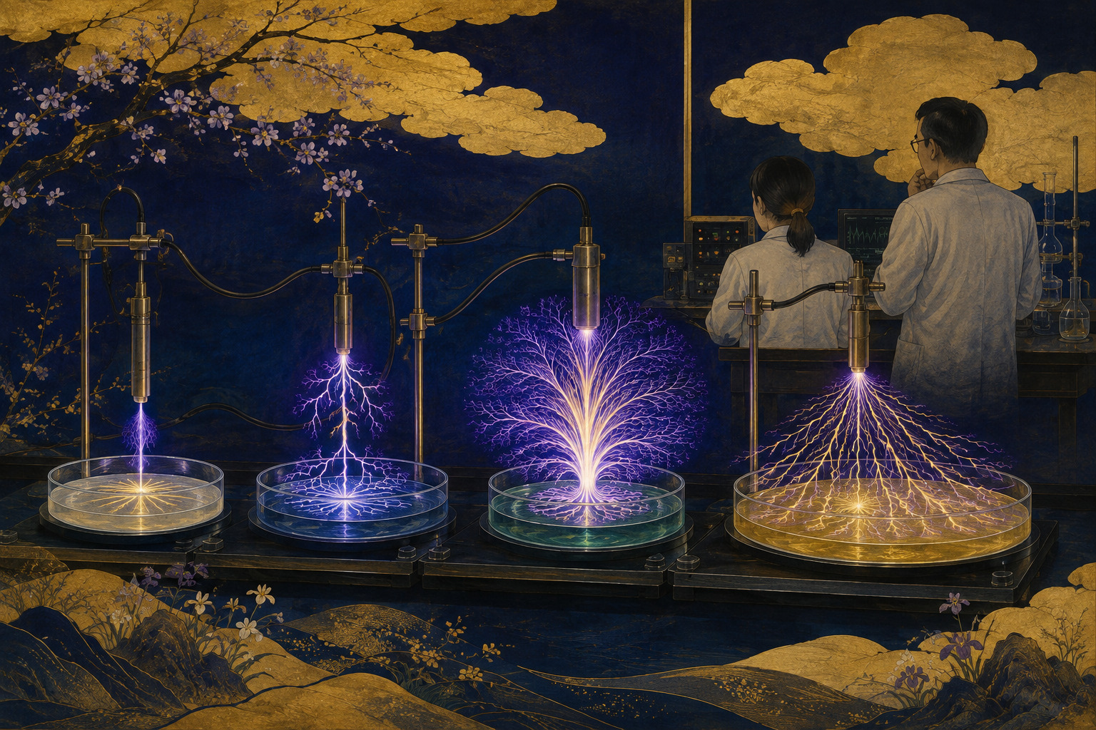 Editorial illustration of luminous plasma discharges forming different shapes between conductive liquid surfaces in a dark laboratory