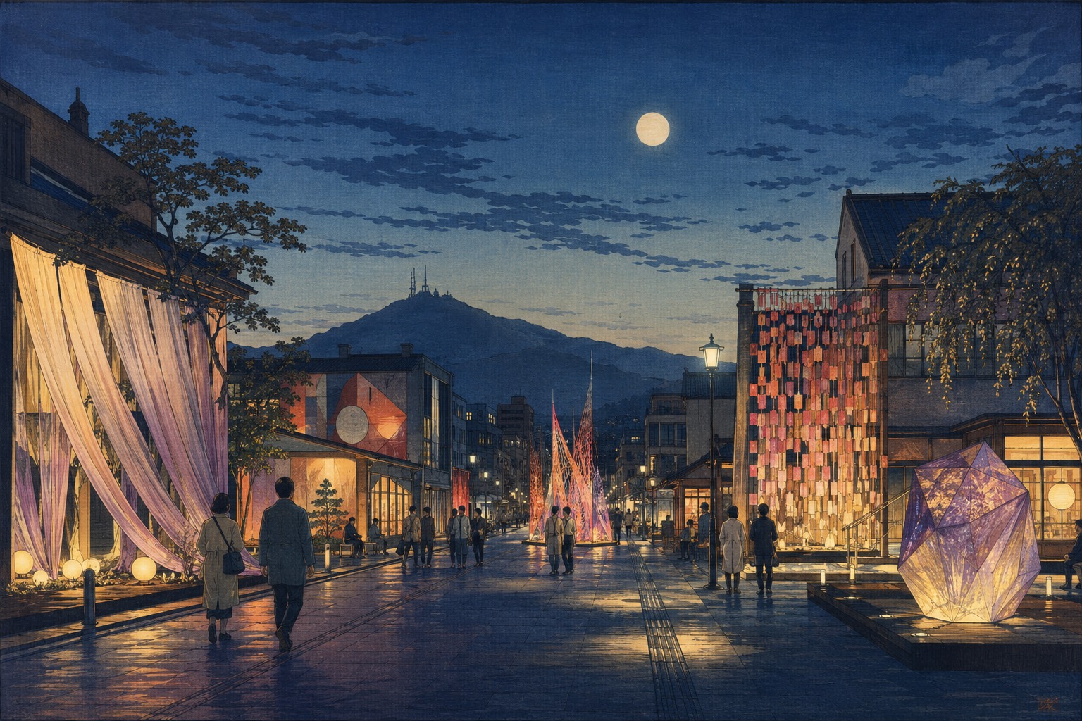 現代美術の展示が街路と建築を変える前橋の市街地を描いたイラスト