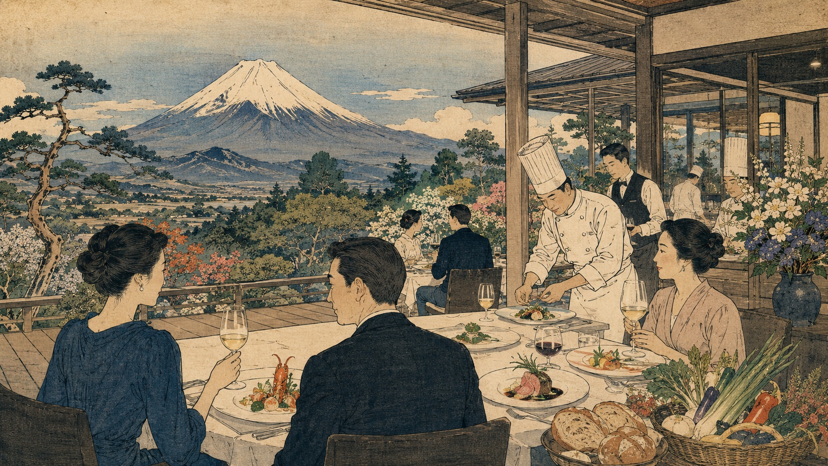 富士山を望む御殿場のレストランで、小林圭と料理人たちが特別なコースを仕上げる様子を歌川広重風に描いたイメージ。