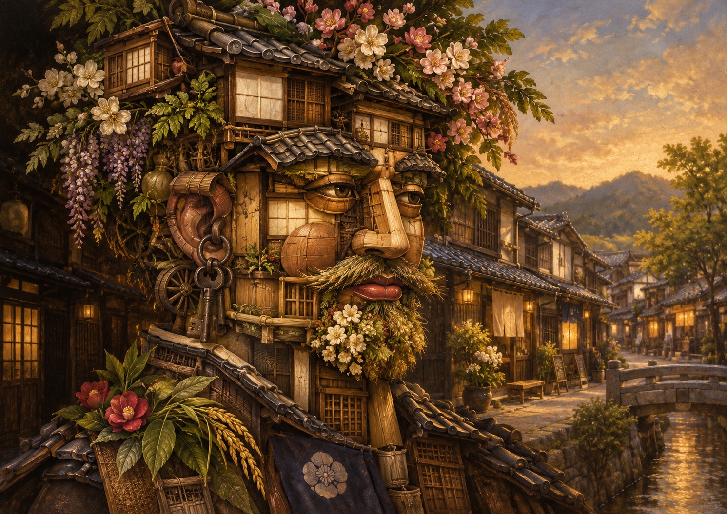 Japan.co.jp AI editorial illustration inspired by Giuseppe Arcimboldo’s composite portraits, accompanying “Preserving Makabe Is Not the Same as Making People Walk Through It”