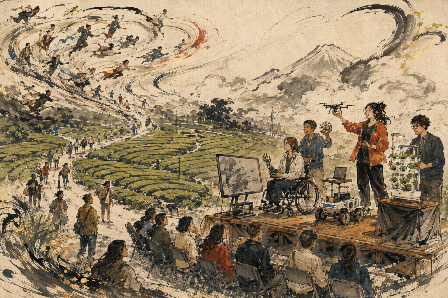 Entrepreneurs presenting ideas above Makinohara’s tea fields