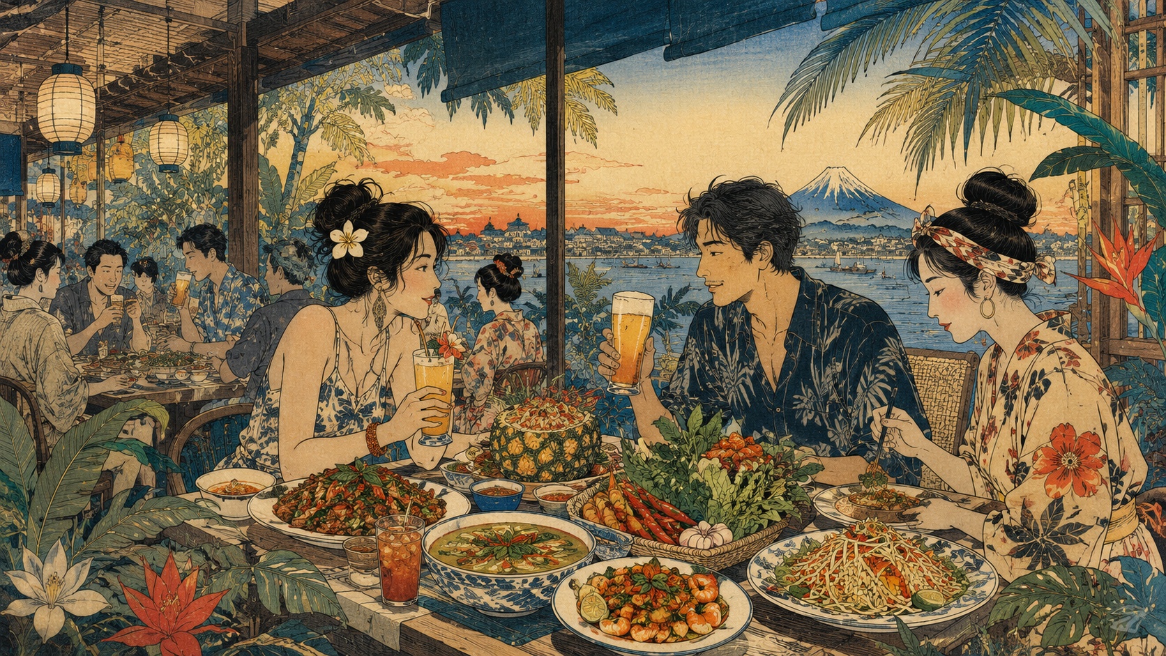 浮世絵風に、真夏のタイ料理カフェでスパイシーな小皿と冷えたビールを囲む客たちを描いたイメージ。