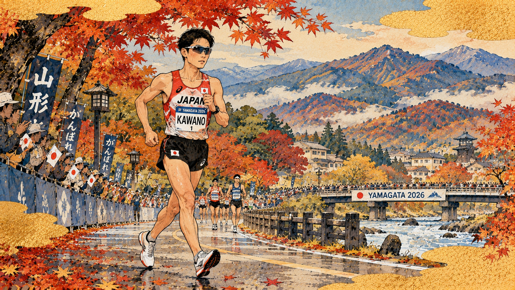Walking into History: Masatora Kawano Sets a Marathon Race-Walk Benchmark — AI-generated editorial illustration inspired by Kawanabe Kyōsui