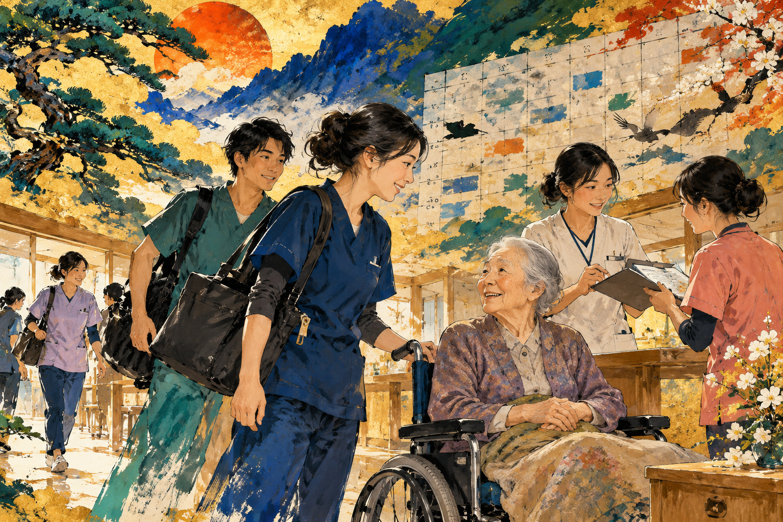 高齢の利用者のそばで介護職員と看護師が勤務の引き継ぎをする様子を描いたイラスト