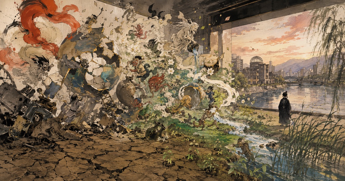 A Kawanabe Kyōsai-inspired scene of artists, citizens and spirits repairing a wounded earth for the Hiroshima Prize exhibition