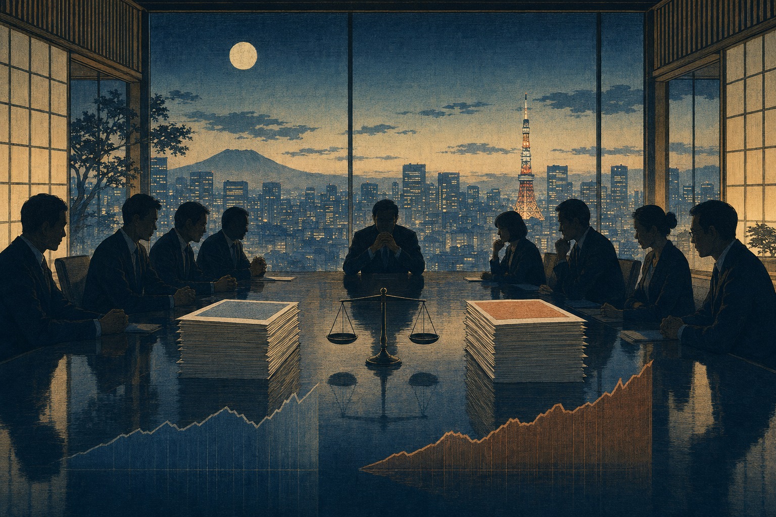 複数の買収提案と企業価値を検討する日本企業の取締役会を描いた報道イラスト