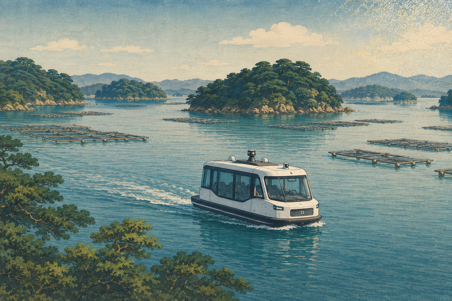 真珠養殖の筏と島々の間を進む小型船を描いた英虞湾の編集用イラスト