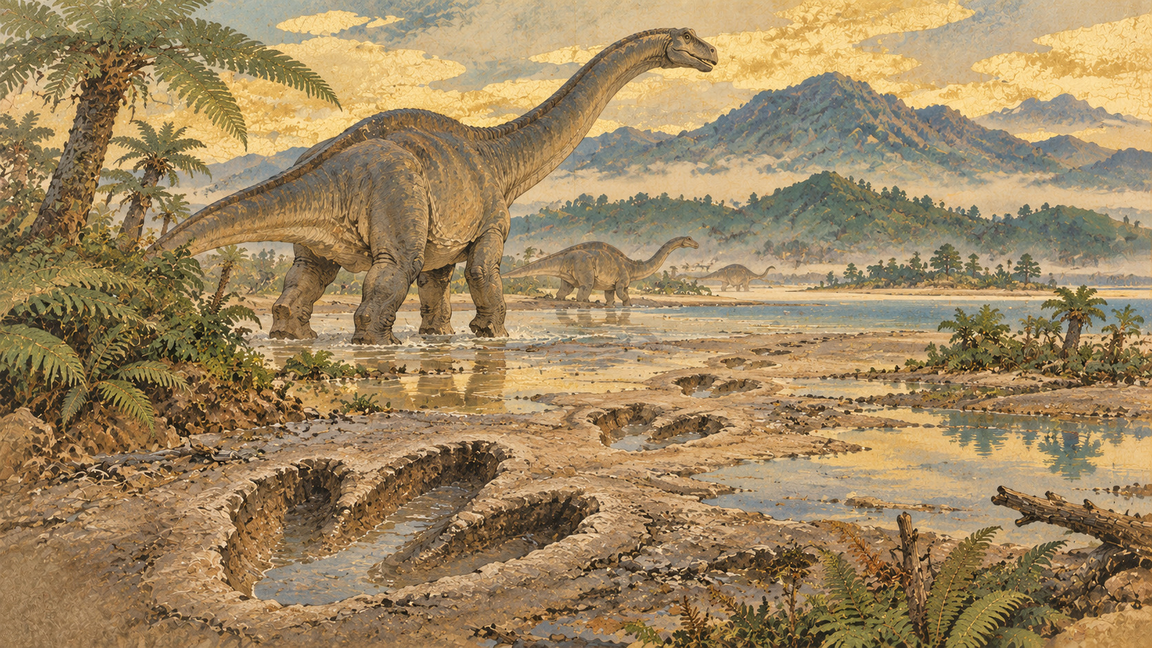 A Jurassic Giant Left Its Mark on Minamisoma — AI editorial illustration inspired by Ota Shumin