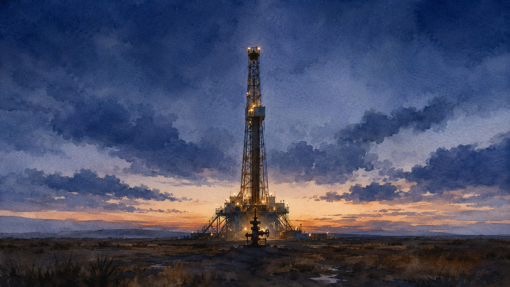 A single-focus watercolor of one shale-gas wellhead beneath an expansive American sky.