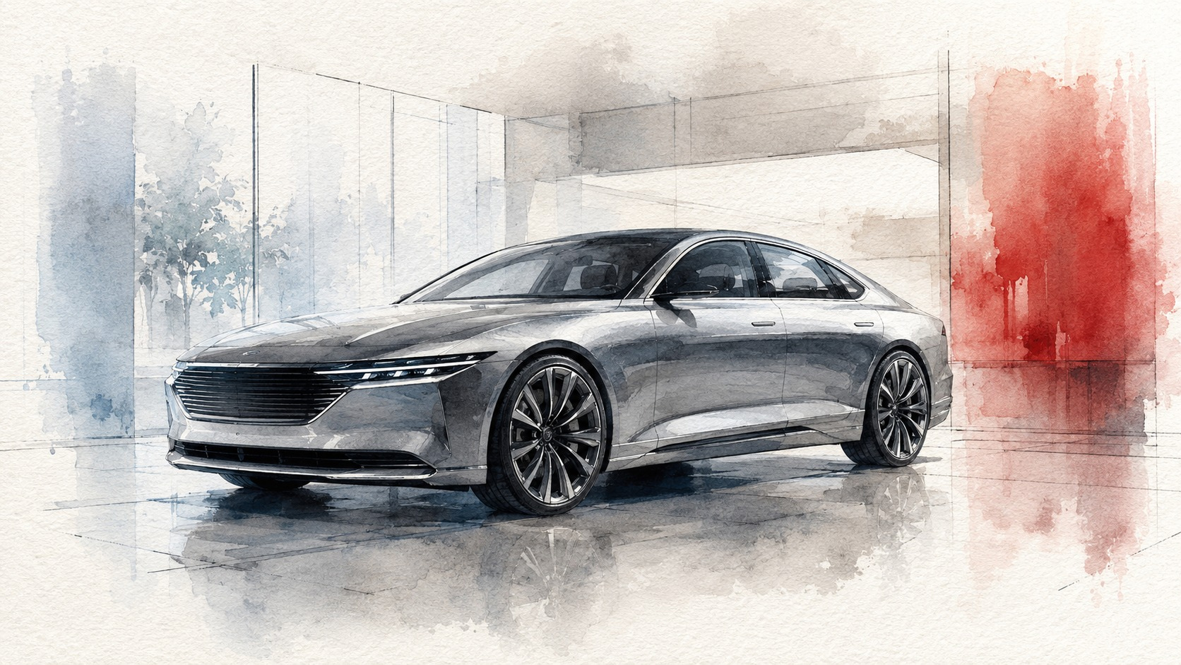 ディーラー契約書の上に置かれた一つの自動車キーを単一焦点で描いた水彩画。