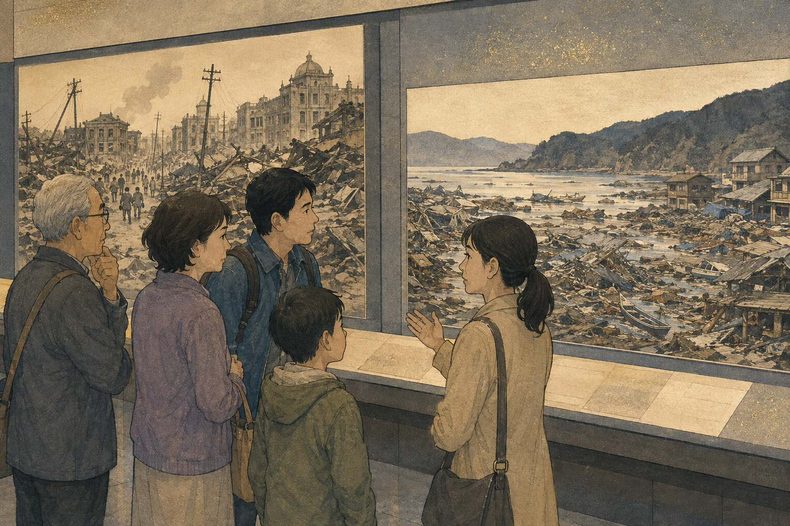 関東大震災と東日本大震災を扱う展示を見る人々を描いた編集イラスト