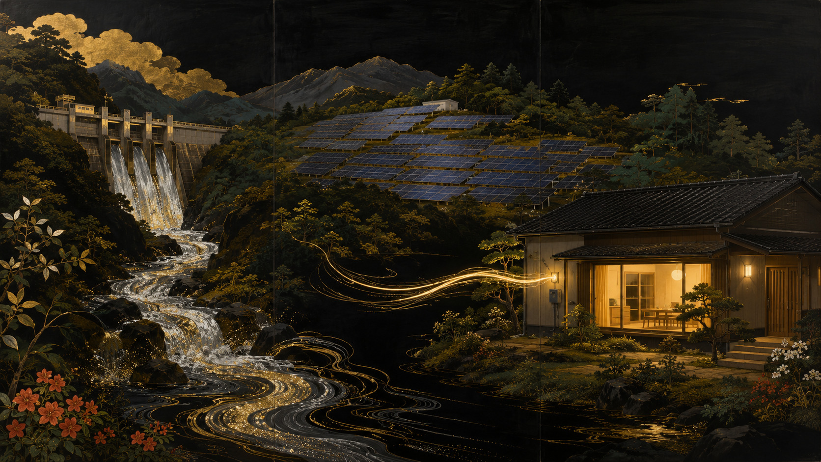 Shibata Zeshin-inspired editorial illustration connecting hydropower, solar panels and a Japanese home