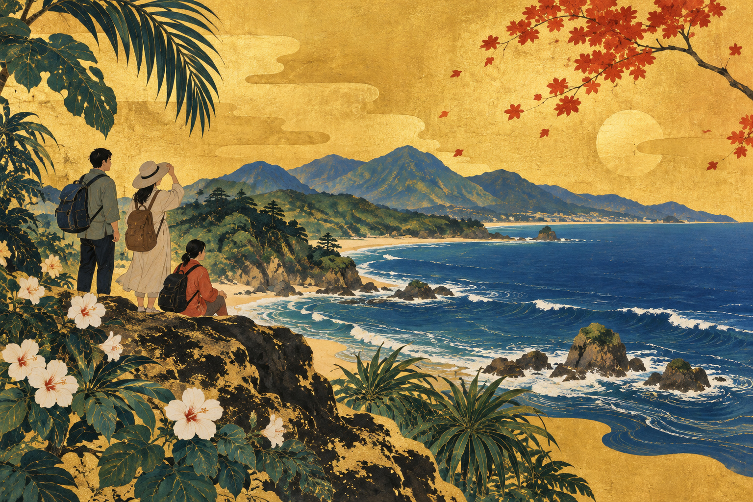 Travelers admire blue Pacific waves and subtropical greenery beneath a gold sky in Miyazaki