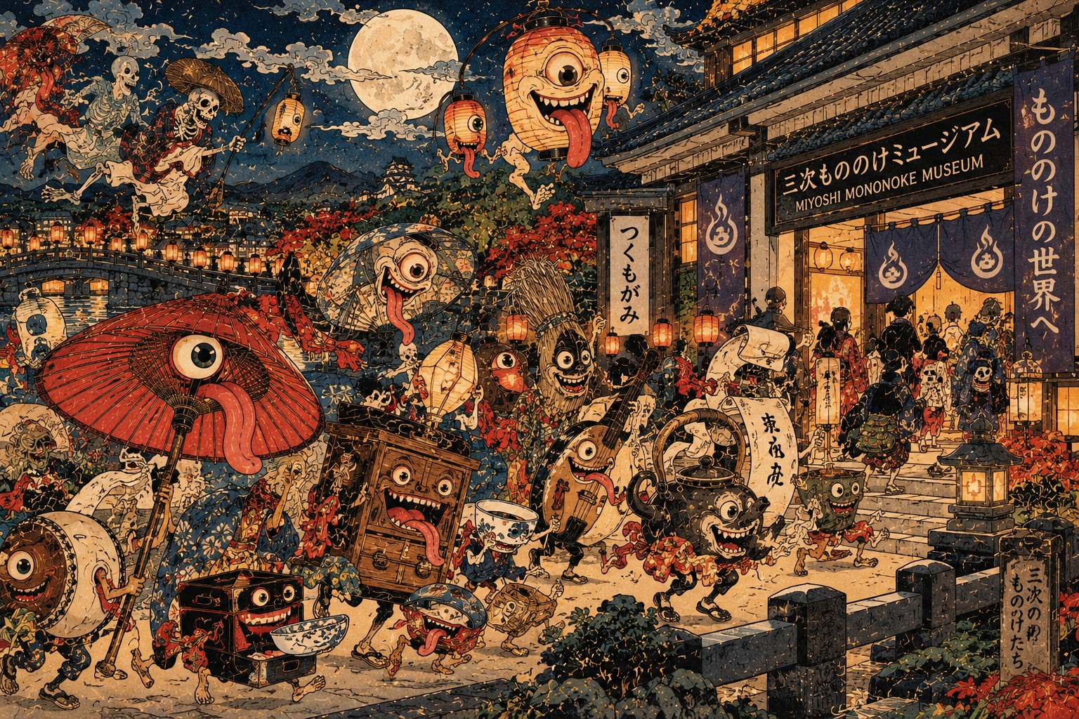 When Discarded Objects Become Monsters — AI-generated editorial illustration inspired by Kawanabe Kyōsai