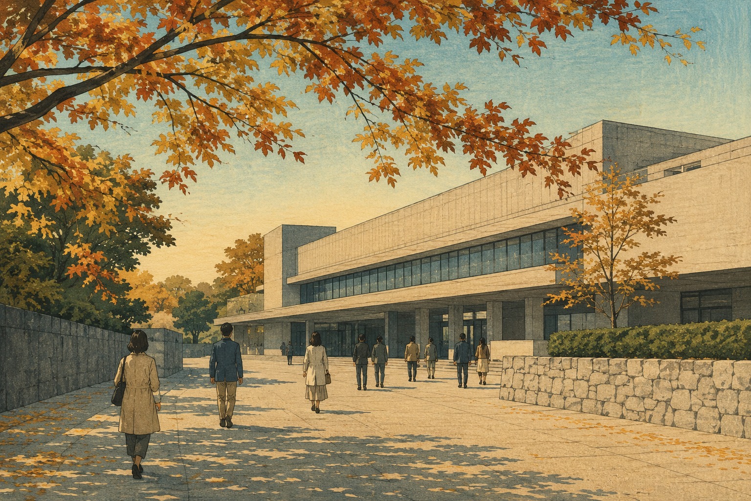 秋色の木々の下から東京国立近代美術館を訪れる人々を描いた編集用イラスト