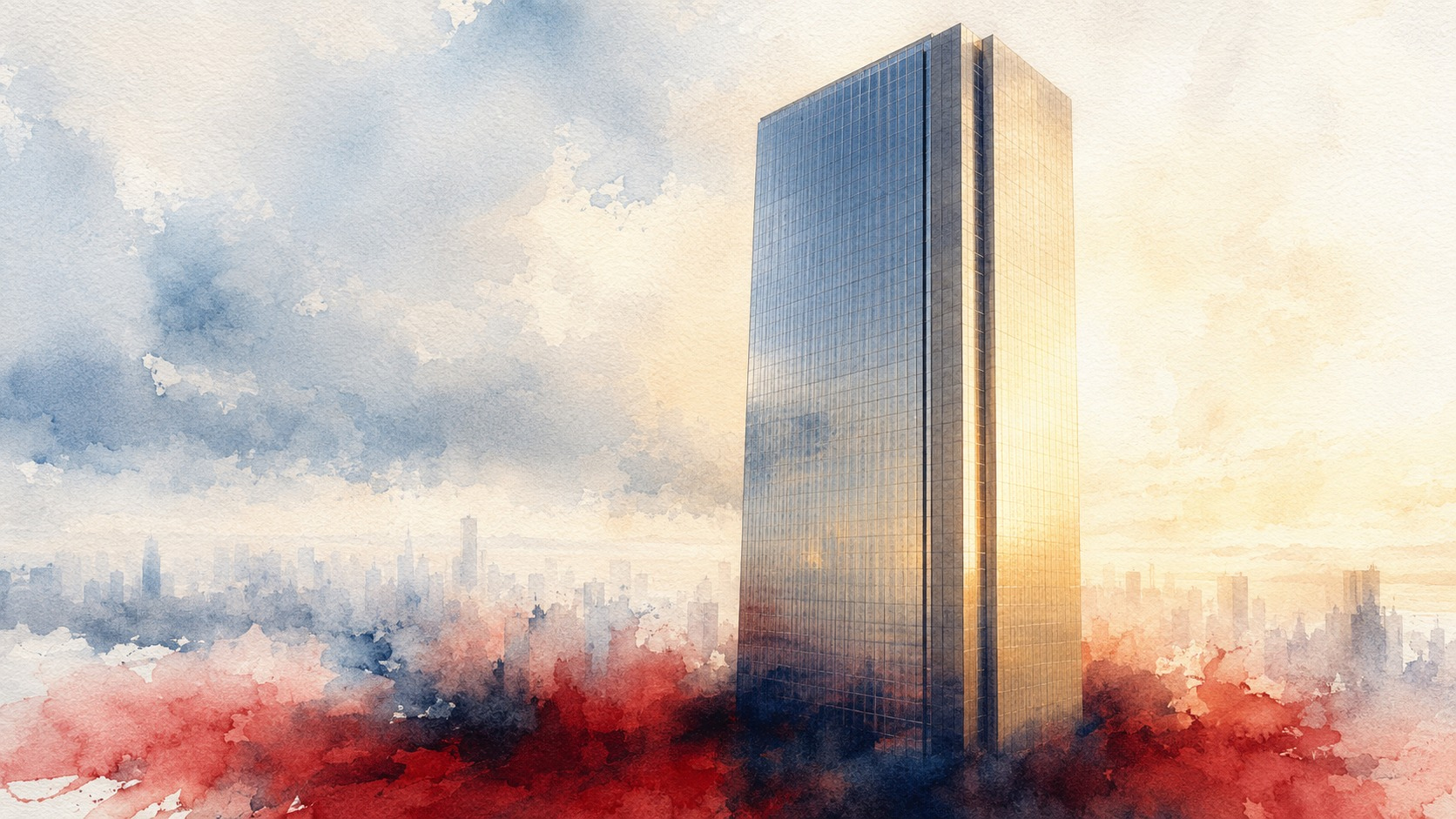 A watercolor illustration focused on MUFG’s headquarters in Tokyo’s financial district.