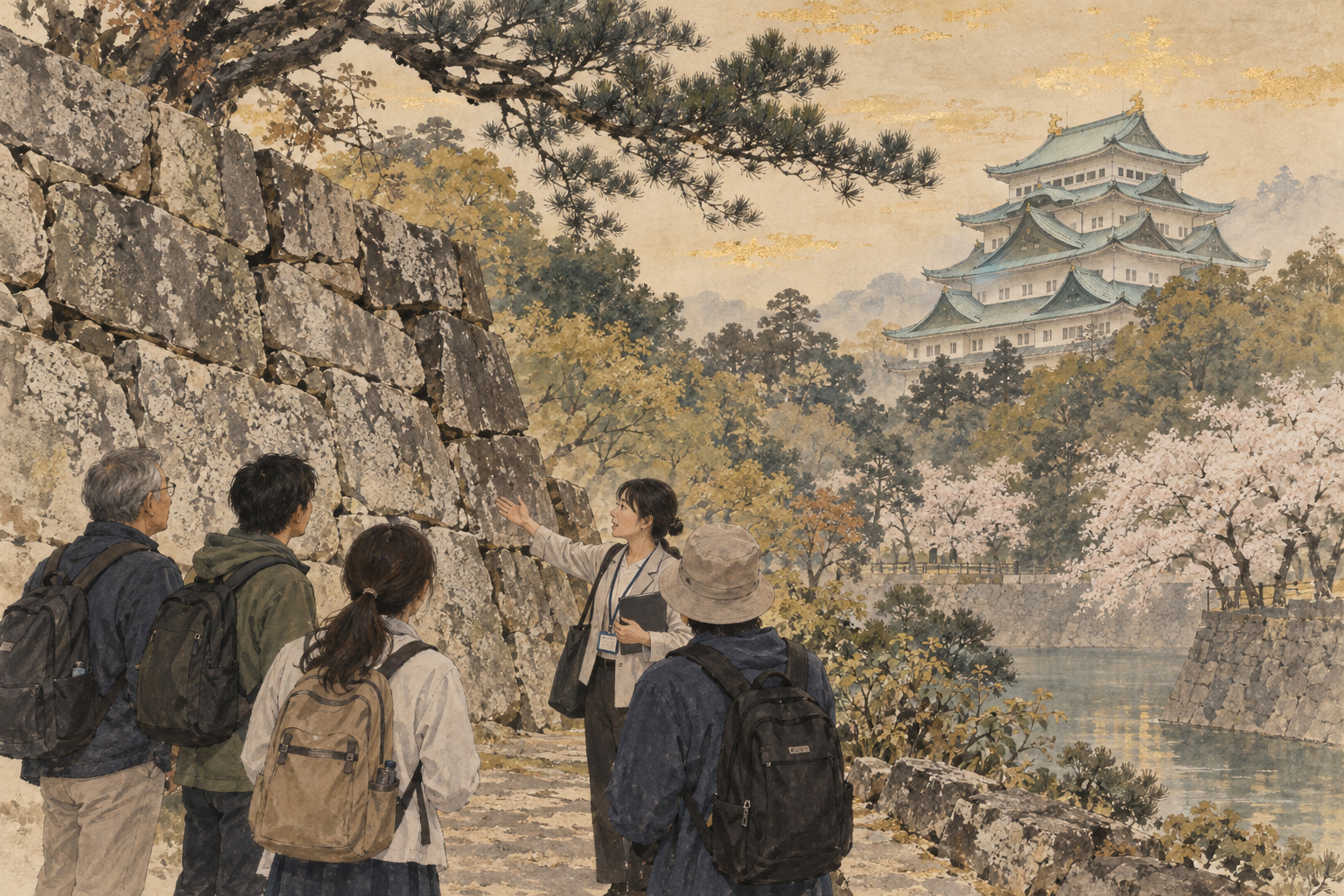 Ink-wash illustration of visitors listening to a guide beside stonework with Nagoya Castle in the background