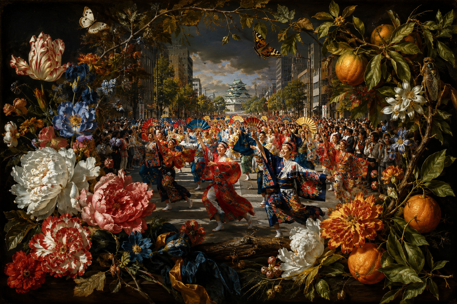 Editorial illustration of brightly costumed dancers filling a Nagoya avenue framed by flowers, fruit and insects