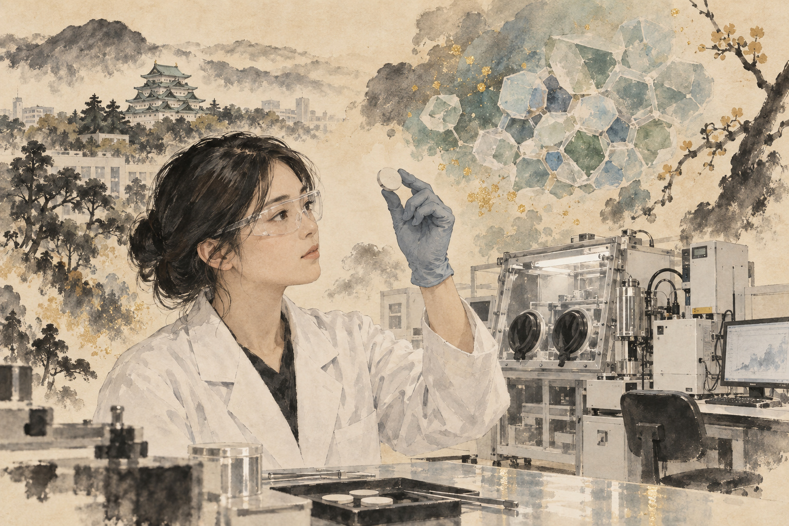Conceptual illustration of a researcher examining a small battery-material sample, with pale mineral-like forms