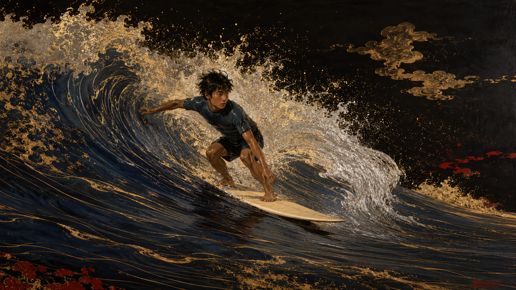 A young Japanese surfer carving across a powerful blue wave during the Naminori Koshien.