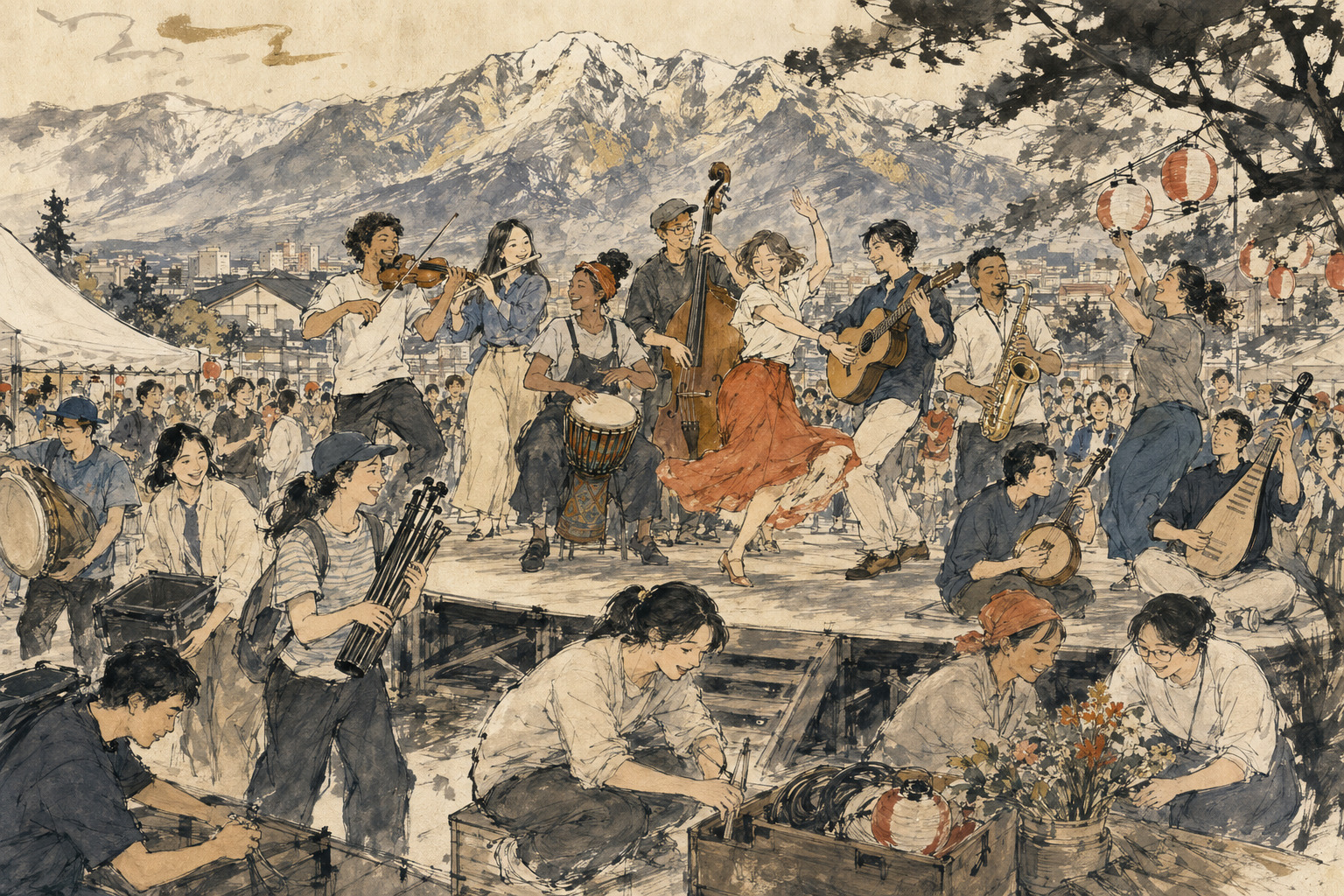 Volunteers welcoming international musicians to a festival in Nanto
