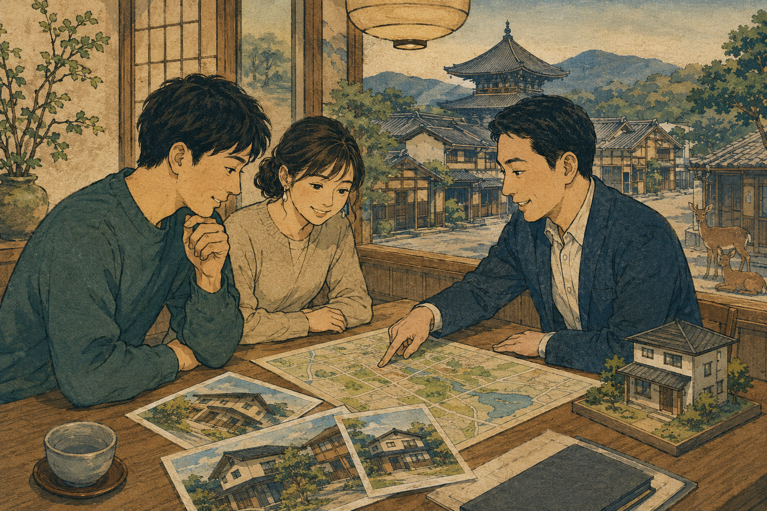 Editorial illustration of a young household receiving relocation and housing guidance while viewing homes and a map of Nara