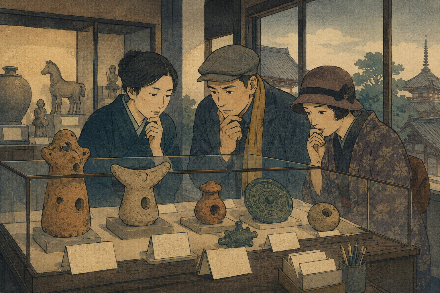 Editorial illustration of visitors examining unidentified excavated objects in a Nara museum display case