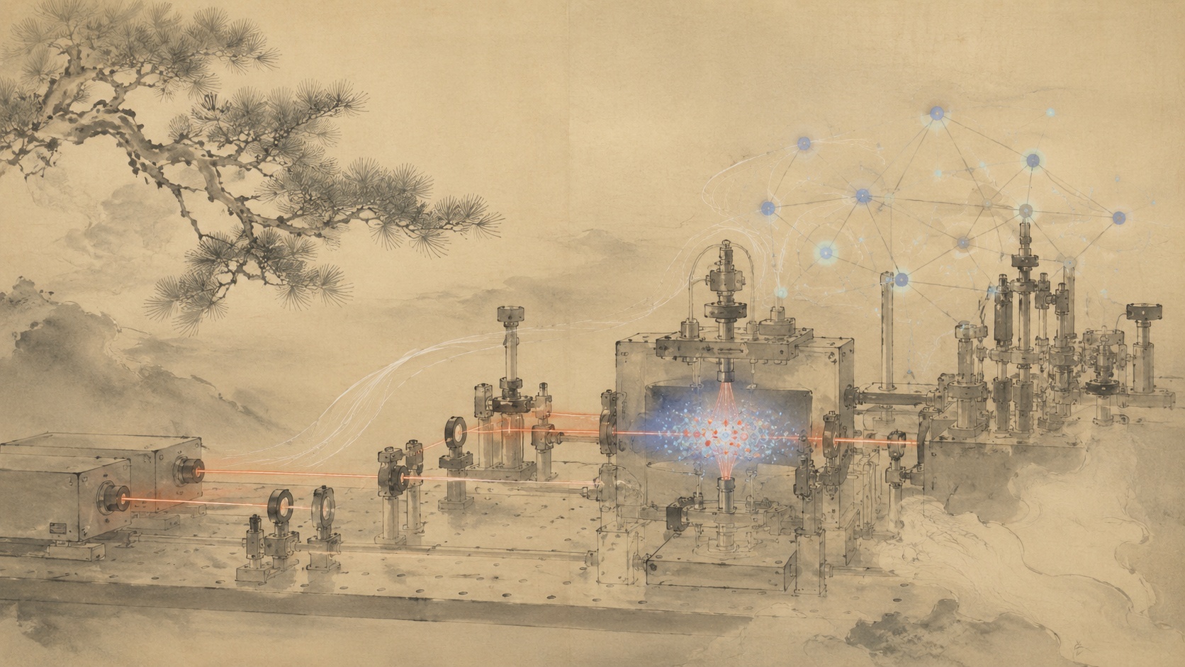 Editorial illustration of a neutral-atom array feeding parallel photonic waveguides and photon detectors